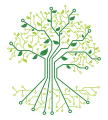 Digital tree illustration combining electronic circuits with organic leaves