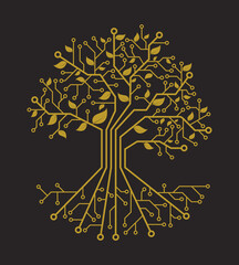 Digital tree illustration combining electronic circuits with organic leaves