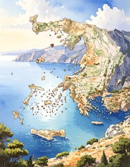 Detailed map of Greece, showing coastline, islands, and mountains.  Watercolor style