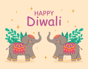 Happy Diwali card with elephants. Indian festival of lights. Flat vector illustration.