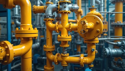 Complex network of yellow industrial pipelines, valves. Top view modern oil, gas infrastructure, energy transportation systems, plant operations. Bright colors, bolted connections suggest robust