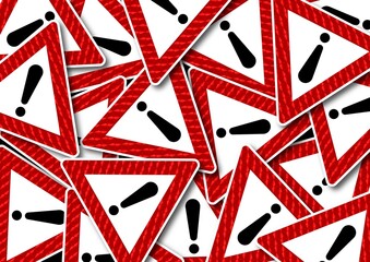 Multiple red and white triangular warning signs with exclamation marks overlapping in chaotic pattern. llustration representing danger, alert, caution, and emergency notification concepts with bold re