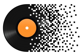 Vinyl record dissolving into digital pixel squares, abstract music concept symbolizing transition from analog to digital, isolated on white background © martinjanecek
