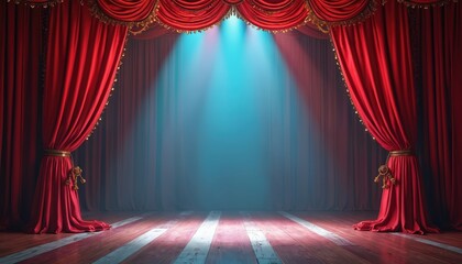 Empty circus stage with red velvet curtains, wooden floor, bright spotlight. Dramatic theater scene, performance background for events, concerts, shows, entertainment activity. Classic vintage retro