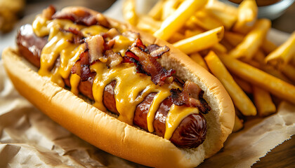 Hot dog piled high with melted cheese, grilled bacon, onions, and chili relish. Served in a toasted bun with a side of large fried