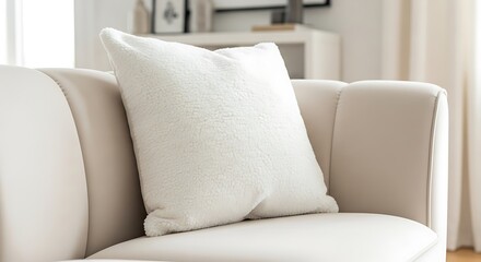 A soft, white faux-fur throw pillow rests on a light beige upholstered sofa, highlighting a cozy living room setting.
