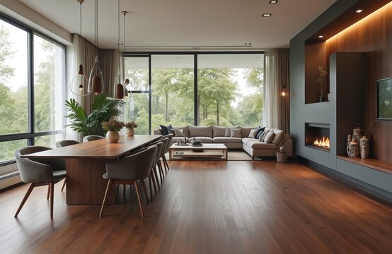 Modern home interior showcases dark brown luxury vinyl flooring. Stylish living room boasts contemporary design, comfortable furniture, fireplace, elegant decor, and large windows with view on nature.