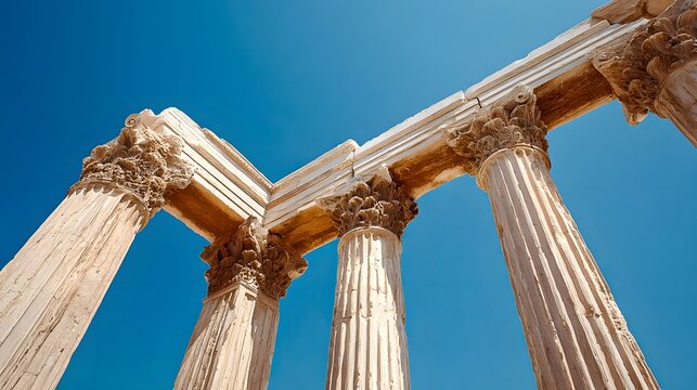 Ancient greek temple ruins with ornate columns against a clear blue sky day