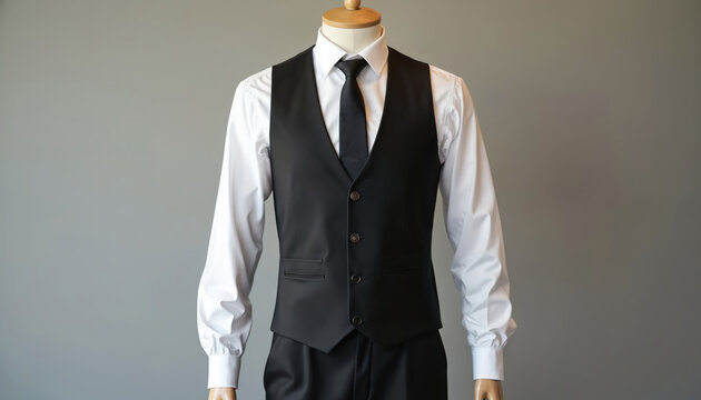 Mannequin wearing waiter or bartender uniform. Features black vest white shirt tie. Formal attire for hospitality, service industry work. Elegant mens formal wear for event celebration.