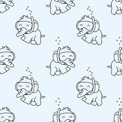 Cute seamless pattern with cartoon mammoths in diving masks blowing bubbles underwater. Light blue background.