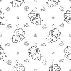 Cute seamless pattern with cartoon elephants snorkeling underwater, surrounded by tropical fish, shells, and starfish. Perfect for kids’ designs.