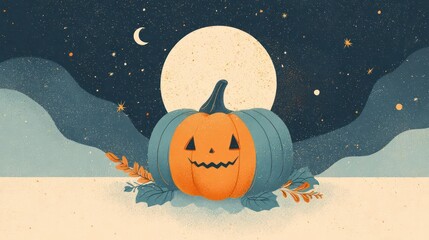 Whimsical halloween pumpkin with a carved jack o lantern face under a crescent moon and starry night sky