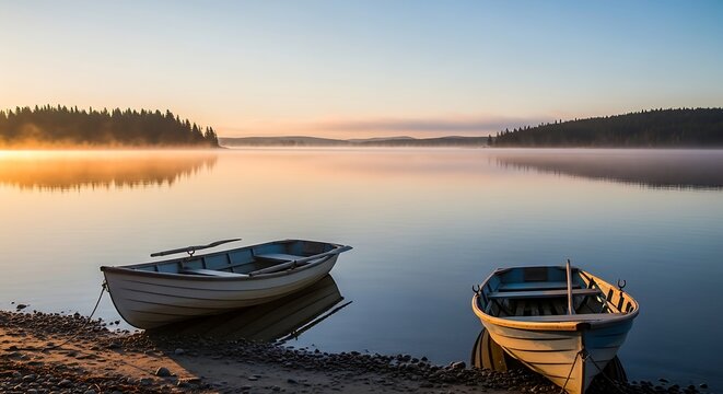 Two rowboats rest peacefully on a tranquil lake shore at sunrise, bathed in warm golden light. - Powered by Adobe