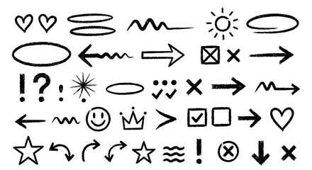 手描きダイナミックグラフィック｜矢印・ハート・星・落書きアイコン｜クリエイティブデザイン・プレゼン・UI注釈向け