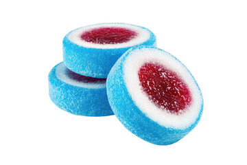 Stacked, round, chewy candies.  Blue outer layer, red center