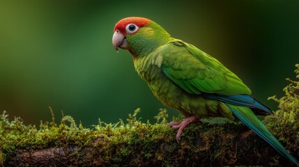 Naklejka premium Vibrant parrot perched on moss-covered branch in natural green background