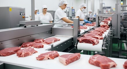 Freshly cut meat pieces move along a conveyor belt in a modern food processing facility.