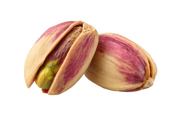 Close-up of two pistachios in their shells.  The shells are a light beige, with vibrant magenta-pinkish veins.  The shells are slightly open, revealing a light yellowish-green kernel inside.  