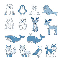 Set of  arctic animal icons in hand drawn blue and white doodle style. Vector illustration with polar bear, penguin, seal, walrus, snowy owl, reindeer, whale, arctic fox, puffin,
