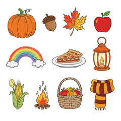 Set of  autumn icons in hand drawn doodle style. Vector illustration with pumpkin, acorn, leaf, apple, pie, lantern, mushroom, corn, basket, scarf
