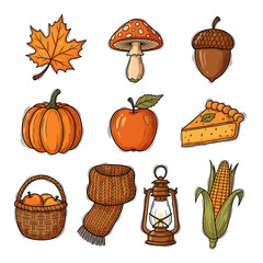 Set of  autumn icons in hand drawn orange and brown doodle style. Vector illustration with leaf, mushroom, acorn, pumpkin, apple, pie, scarf, basket, lantern, corn