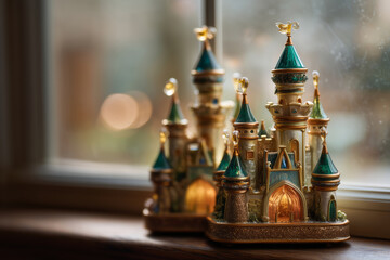 Enchanting fairy tale castles illuminate a frosted window on a winter day