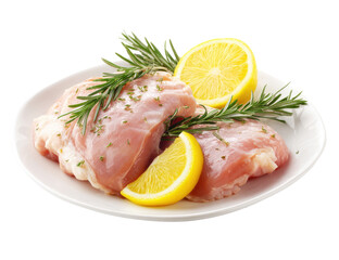 Two raw chicken thighs on a white plate, garnished with rosemary sprigs and lemon slices
