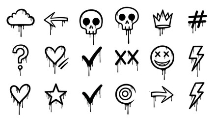 Hand-drawn graffiti style vector icon set with dripping paint effect, ideal for urban, grunge, and street art designs
