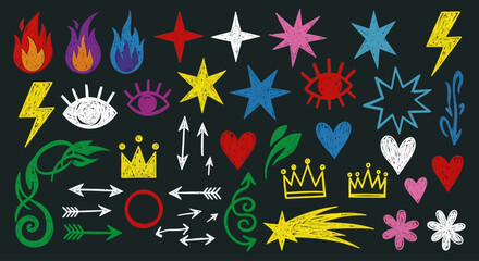 A vibrant collection of hand-drawn chalk-style graphic elements, featuring an eclectic assortment of symbols, doodles, and icons for modern creative projects