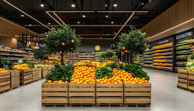 Bright, clean grocery store interior fresh produce in wooden crates. Offers stylish, sustainable shopping experience with ample