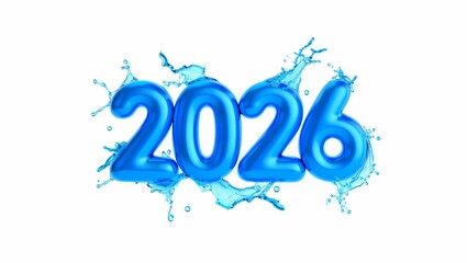 An abstract 2026 symbol made of blue inflatable-style numbers with a transparent water effect, a 4K visual isolated on a plain white background.