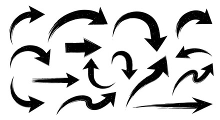 Versatile set of hand-drawn brush stroke vector arrows in black, showcasing diverse directions for graphic design, UI elements, and creative digital projects