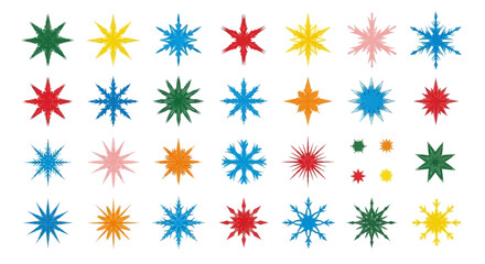 A versatile and vibrant collection of stylized star shapes, abstract bursts, and geometric elements in various bright colors, ideal for festive decorations, digital graphic design projects