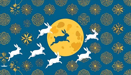 Rabbits jumping in front of a moon with flowers