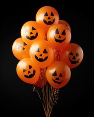 A spooky bouquet of orange halloween balloons featuring carved jack o lantern faces against a dark background