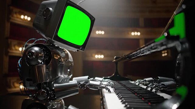 Robot with TV head playing grand piano on stage with green screen ready for your creative animation