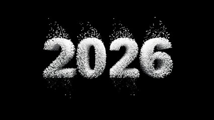 A Happy New Year 2026 concept with the numbers made of white particles dissolving, a 4K ultra detailed image isolated on a black background.
