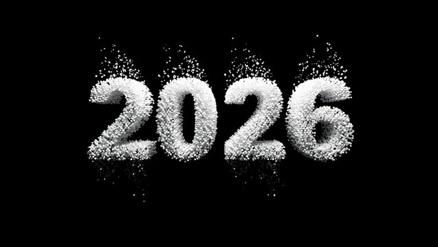 A Happy New Year 2026 concept with the numbers made of white particles dissolving, a 4K ultra detailed image isolated on a black background.