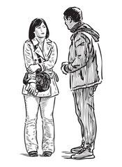 Couple of young people standing on city street and talking, realistic sketch, vector hand drawn illustration on white background