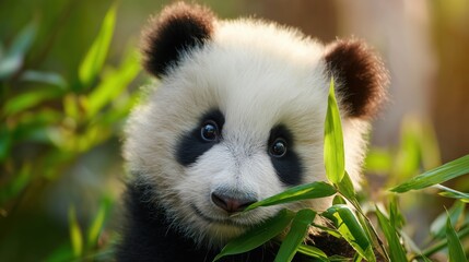 Fototapeta premium Close-up of a panda among green bamboo leaves