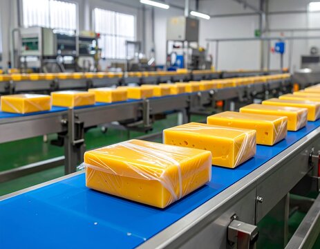 Blocks of Cheese Wrapped on Conveyor Belt within Modern Food Factory
