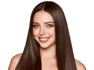 Young woman with long, straight hair and green eyes smiles against a dark background, showcasing natural beauty and confidence with soft lighting