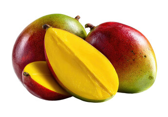 Fresh, whole and sliced mangoes, vibrant colors