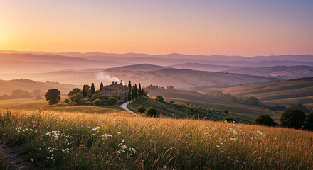 Fototapeta premium Tuscan Countryside Sunrise Rolling Hills and a Cypress-Lined Road in Beautiful Italy