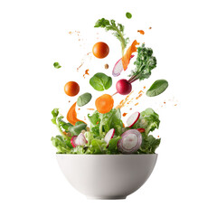 Vibrant salad ingredients in mid-air, cascading into a white bowl