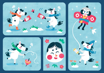 馬（午）のカードイラスト お正月の遊び（凧揚げ・羽根つき・コマ回し・福笑い） 水彩風