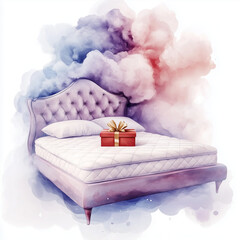 Gift box on bed with mattress in watercolor style for comfort and sleep
