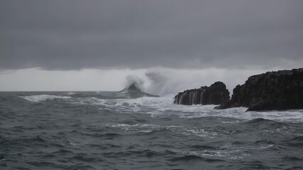 Stormy sea with a large wave crashing into the rocks. Waves and storms in the ocean. Dramatic overcast nature in the mountains. Rough ocean featuring a massive wave smashing against the lifestyle.