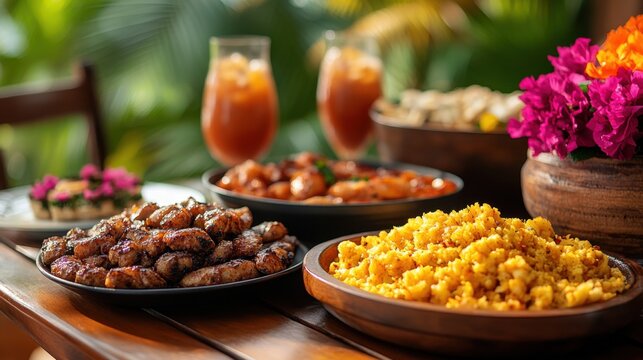 Delicious caribbean feast with colorful dishes and tropical drinks on a sunny table. Barbados Independence Day