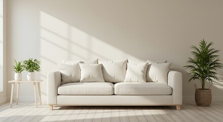 Fototapeta premium Elegant Living Room Interior with Cream Sofa and Green Plants in Sunlight